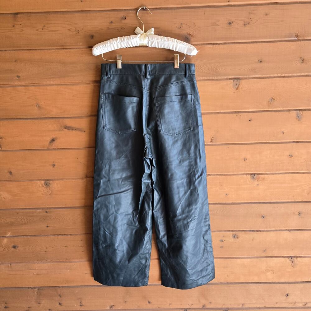 Zara Faux Leather Culotte Pant Wide Leg Dark Green High Waist Flare Crop S Y2K - Picture 3 of 7